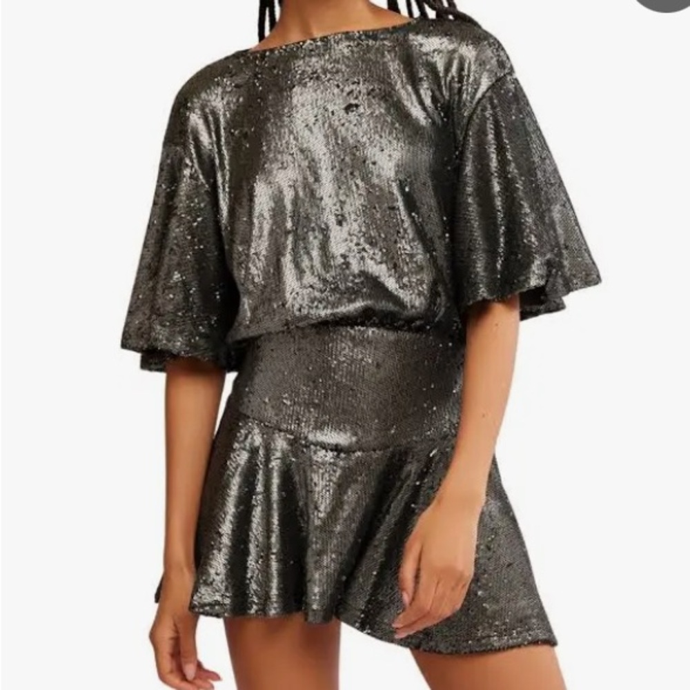Free People Manuka Silver gunmetal Sequin party Dress NEW